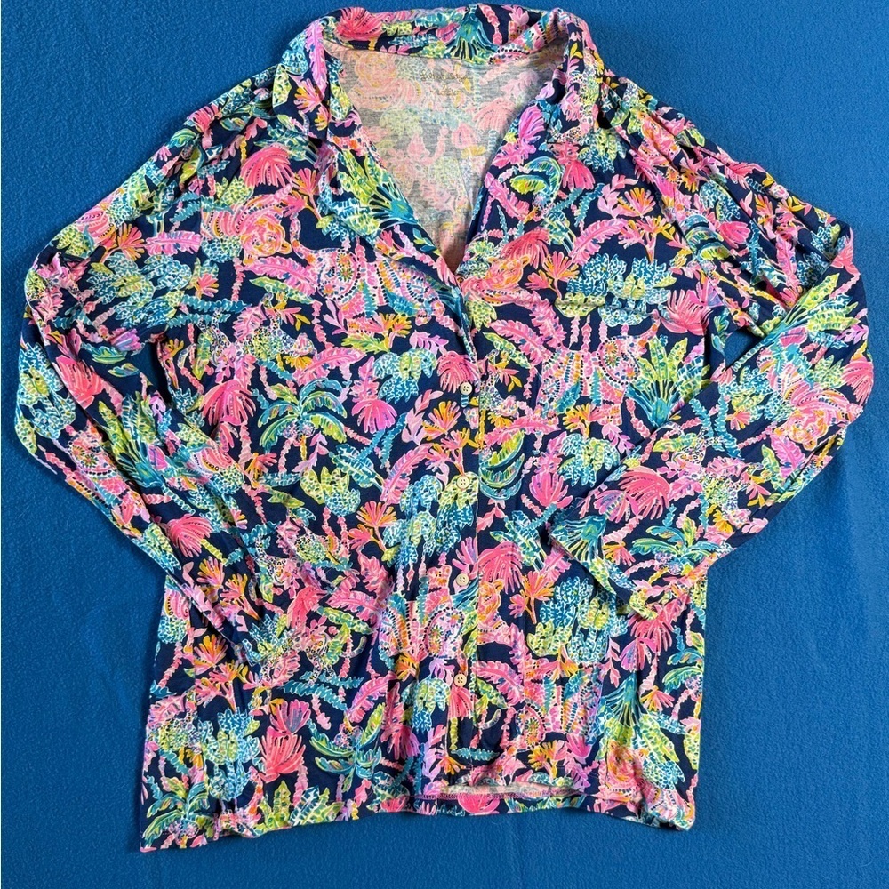 Lilly Pulitzer Oyster Bay Seen & Heard Knit Long Sleeve Button Up PJ Top Sz XL